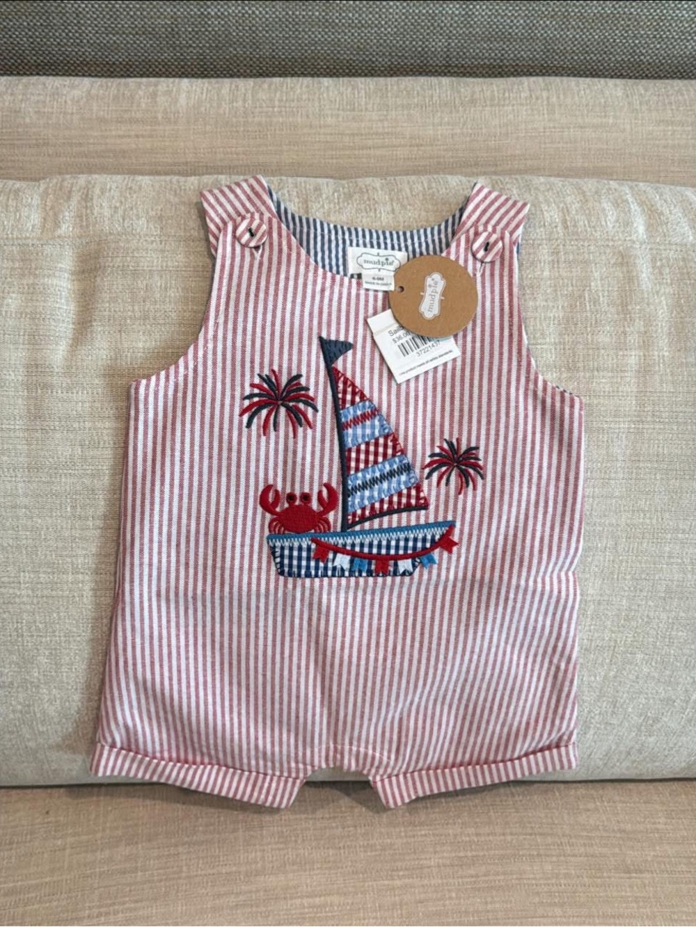 Mud Pie Red and White Striped Sailboat Embroidered One-Piece Patriotic